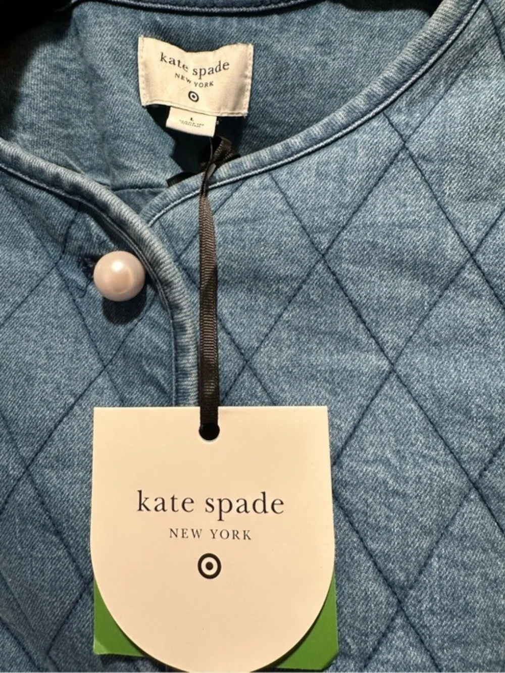 kate spade Quilted Light Blue Crop Denim Jacket W/ Pearl Buttons Size Large NWT